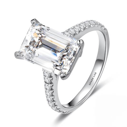 The Audrey - Emerald Cut Ring with Scalloped Pave Band - SparkLab Gems