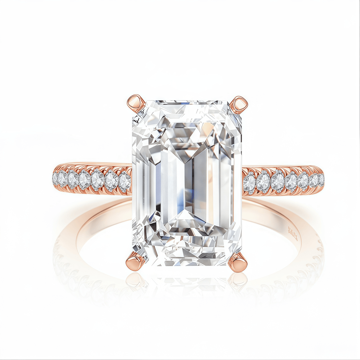 The Audrey - Emerald Cut Ring with Scalloped Pave Band - SparkLab Gems