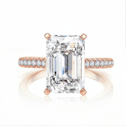 The Audrey - Emerald Cut Ring with Scalloped Pave Band - SparkLab Gems