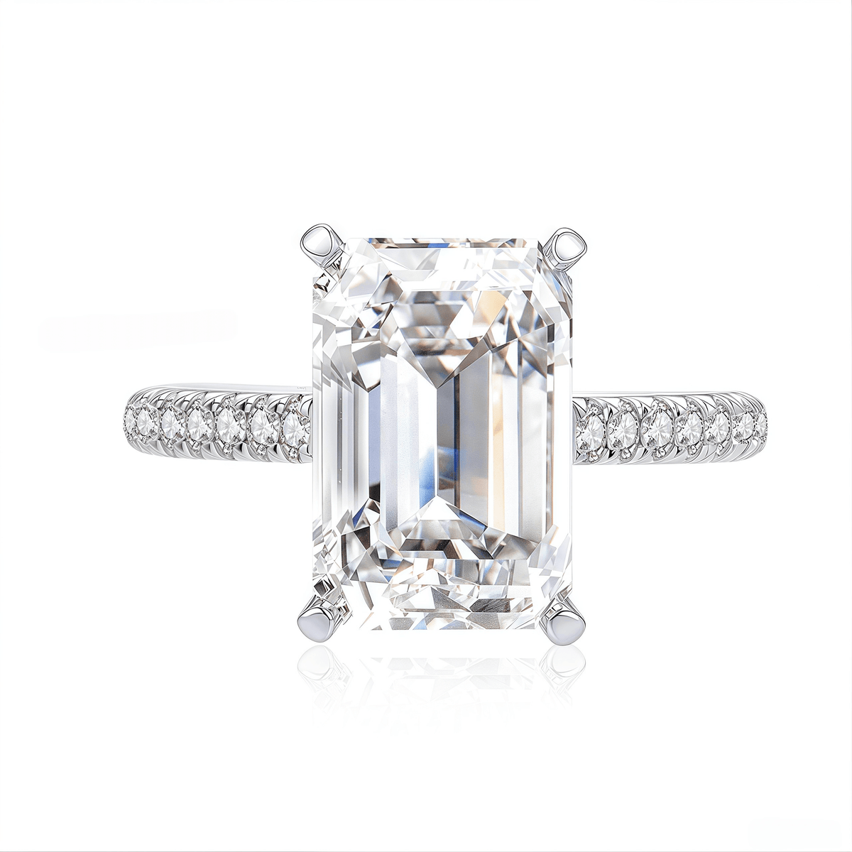 The Audrey - Emerald Cut Ring with Scalloped Pave Band - SparkLab Gems