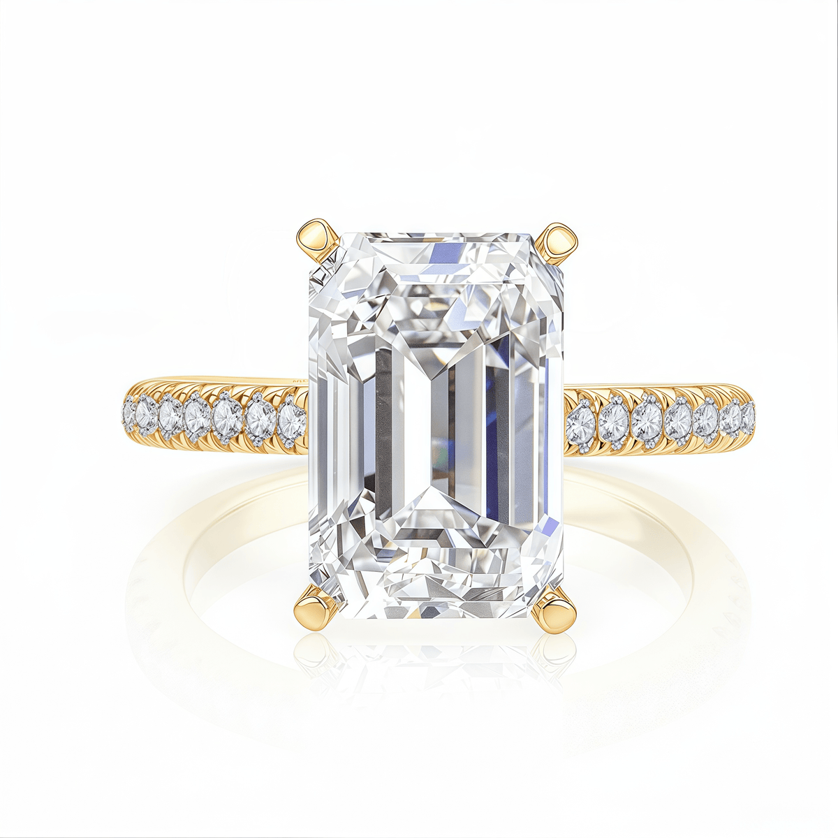 The Audrey - Emerald Cut Ring with Scalloped Pave Band - SparkLab Gems