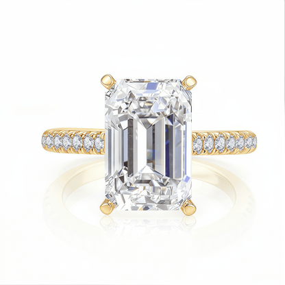 The Audrey - Emerald Cut Ring with Scalloped Pave Band - SparkLab Gems