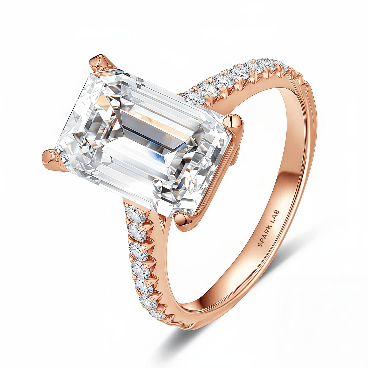 The Audrey - Emerald Cut Ring with Scalloped Pave Band - SparkLab Gems