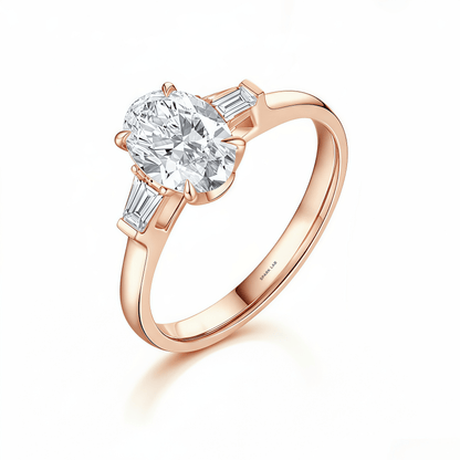 The Oval Three - Stone Baguette Ring - SparkLab Gems