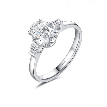 The Oval Three - Stone Baguette Ring - SparkLab Gems