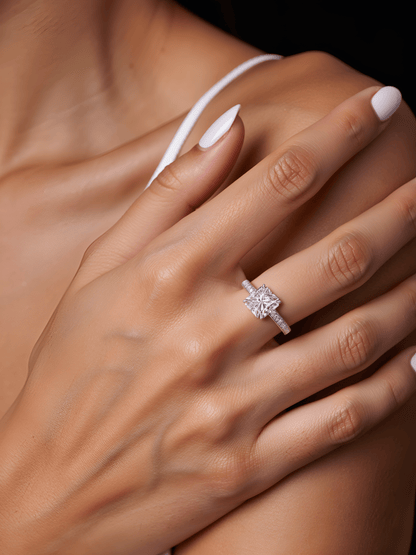The Victoria - Square Radiant Cathedral Ring with Pave Accents - SparkLab Gems